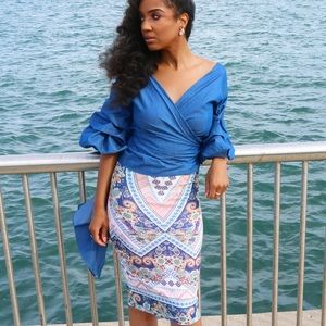 Ruffled Wrap Top & Multicolored Print Skirt